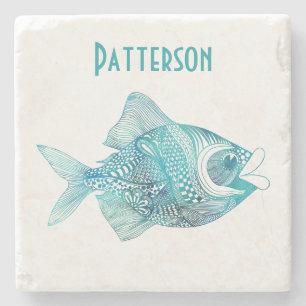 Aqua Whimsical Fish Personalized Stone Coaster