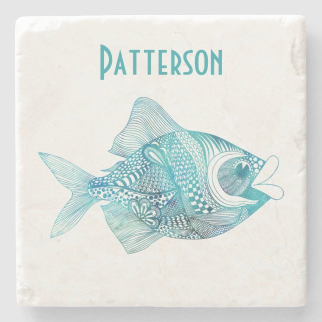 Aqua Whimsical Fish Personalized Stone Coaster (Front)