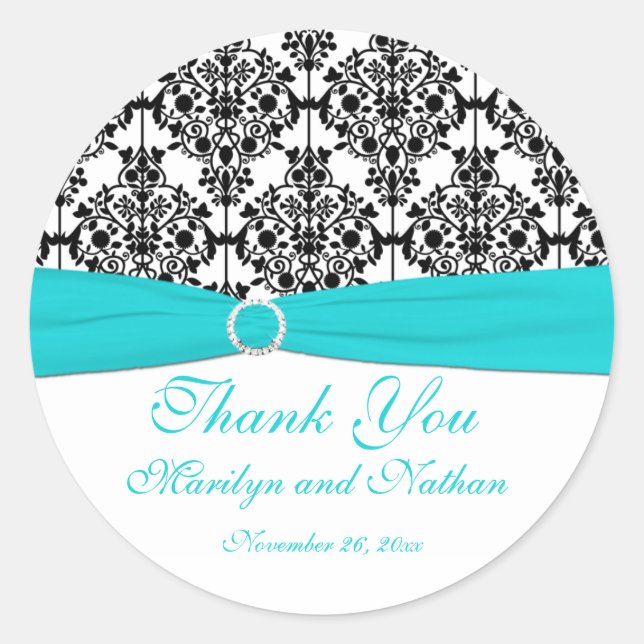 Aqua, White, and Black Damask 3" Round Sticker (Front)