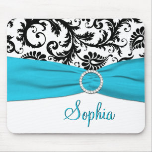 Aqua, White, and Black Damask Mousepad