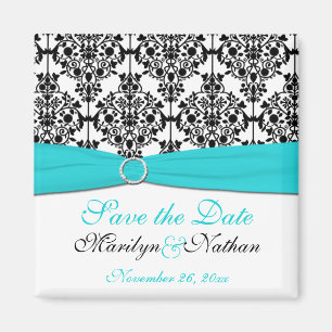 Aqua, White, and Black Damask Wedding Favour Magnet