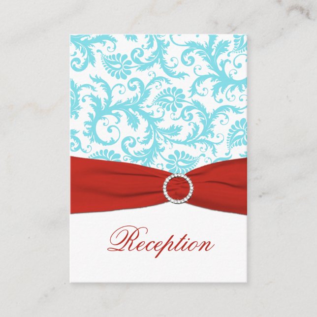 Aqua, White, and Red Damask Enclosure Card (Front)