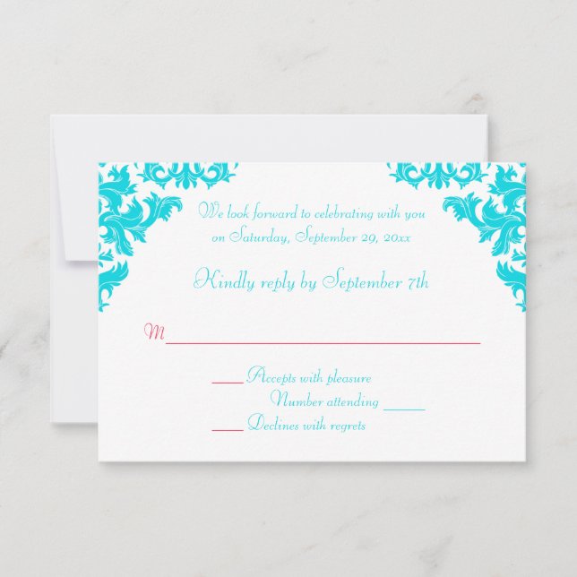 Aqua, White, and Red Damask RSVP Card (Front)