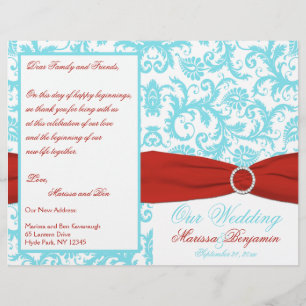 Aqua, White, and Red Damask Wedding Program