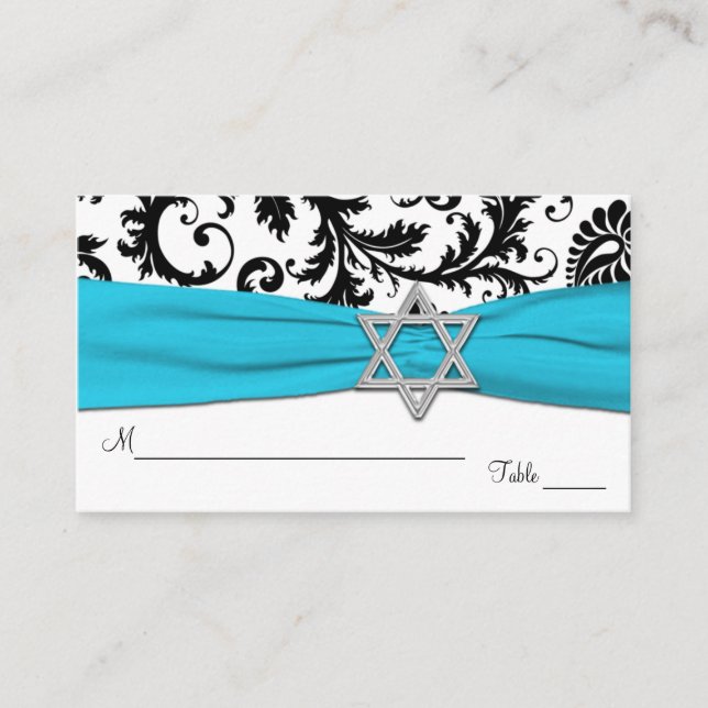 Aqua, White, Black Damask Bat Mitzvah Placecards (Front)