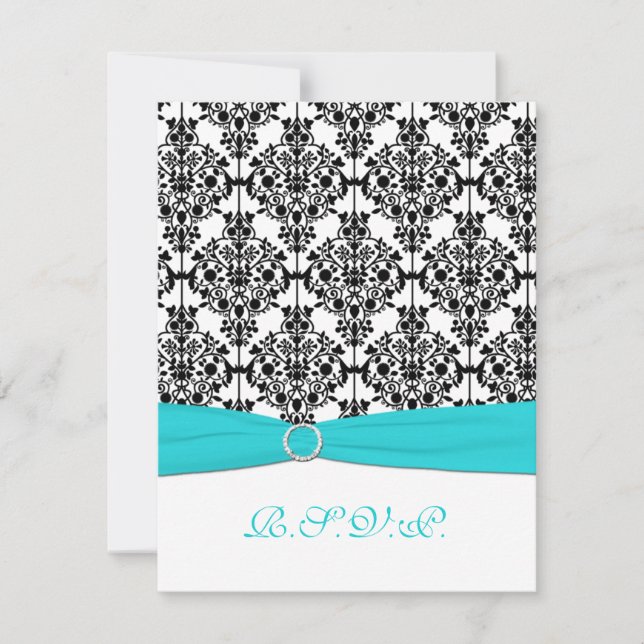 Aqua, White, Black Damask II RSVP Card (Front)
