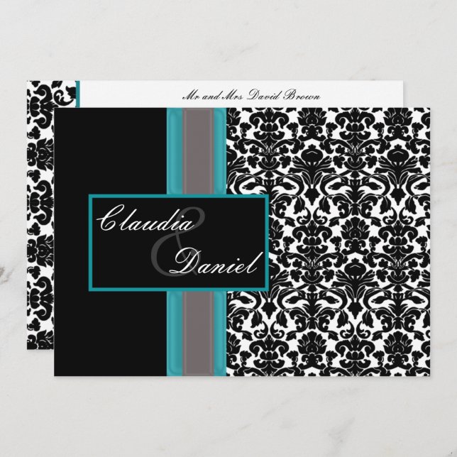 Aqua White Black Damask Wedding Invitations (Front/Back)