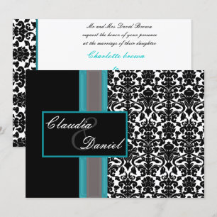 Aqua White Black Damask Wedding Invitations