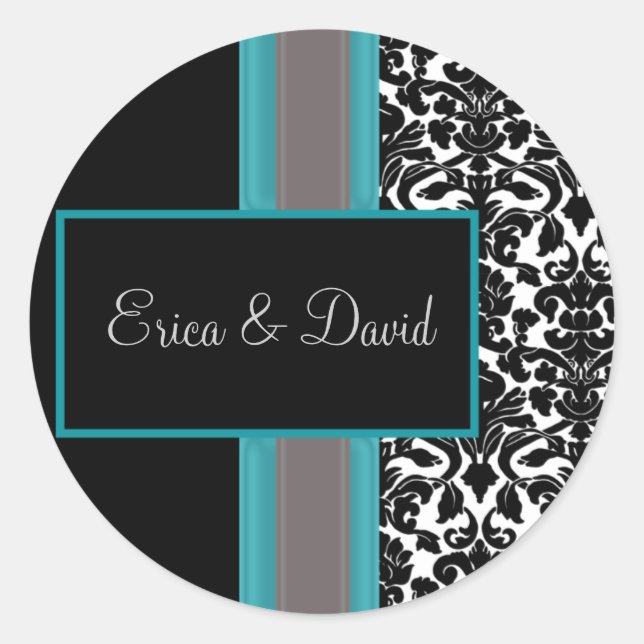 Aqua White Black Damask Wedding Invitations Classic Round Sticker (Front)