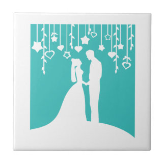 Aqua & White Bride and Groom Wedding Silhouettes Tile