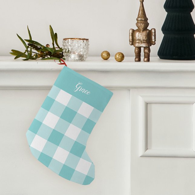 Aqua & White Buffalo Plaid Personalized Small Christmas Stocking (Creator Uploaded)