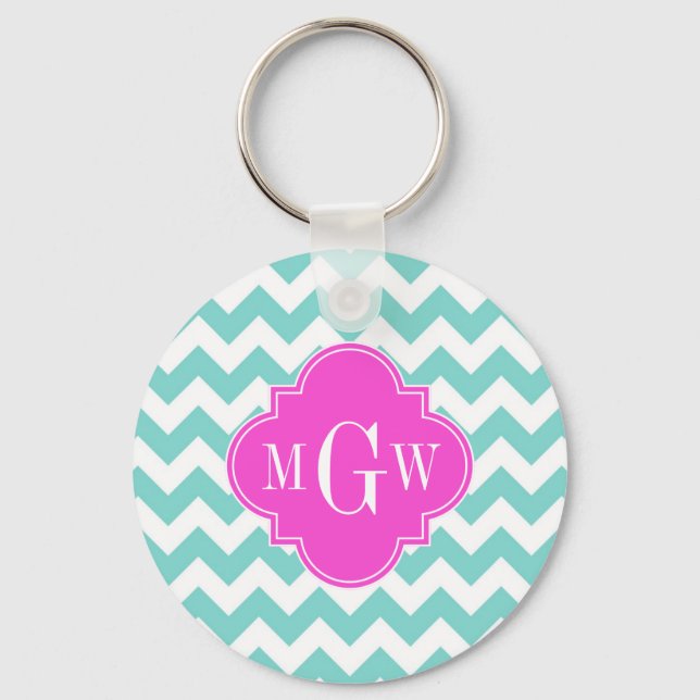 Aqua White Chevron Hot Pink Quatrefoil 3 Monogram Keychain (Front)