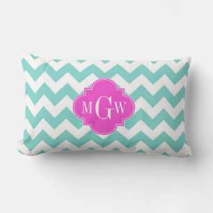 Aqua White Chevron Hot Pink Quatrefoil 3 Monogram Lumbar Pillow