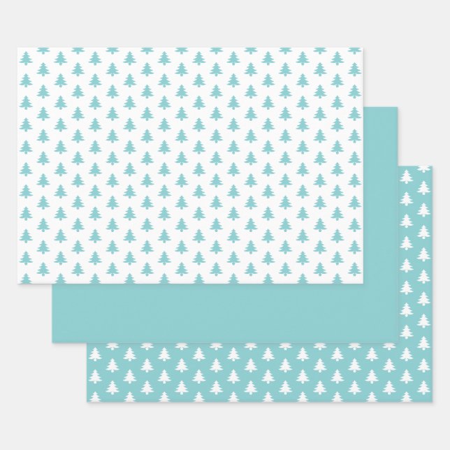 Aqua/White Christmas Tree Iconic Pattern Wrapping Paper Sheet (Set)