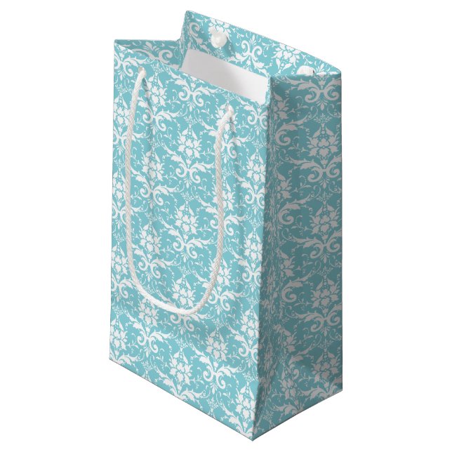 Aqua & White Damask Imprimer Sac cadeau (Devant Angle)