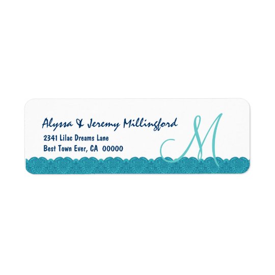 Aqua White Damask Monogram Lace Wedding E340 Return Address Label