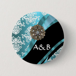 Aqua & white damask with faux crystal gem 2 inch round button