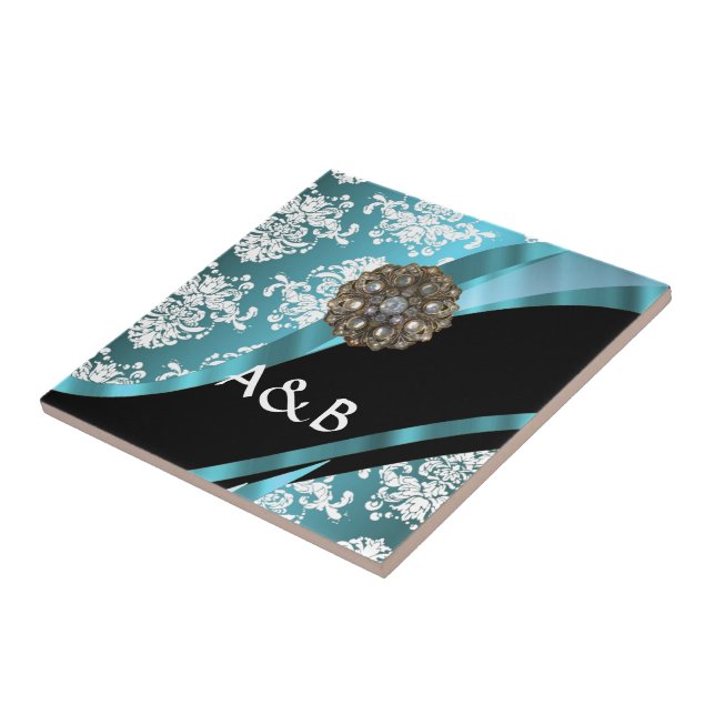Aqua & white damask with faux crystal gem tile (Side)