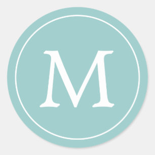 Aqua White Elegant Monogram Classic Round Sticker