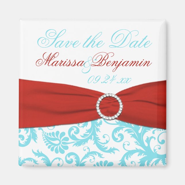 Aqua, White et Red Damask Save the Date Magnet (Devant)