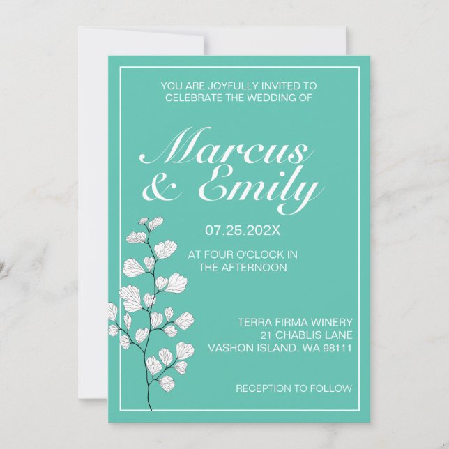 Aqua & White Floral Modern Wedding Invitation (Front)
