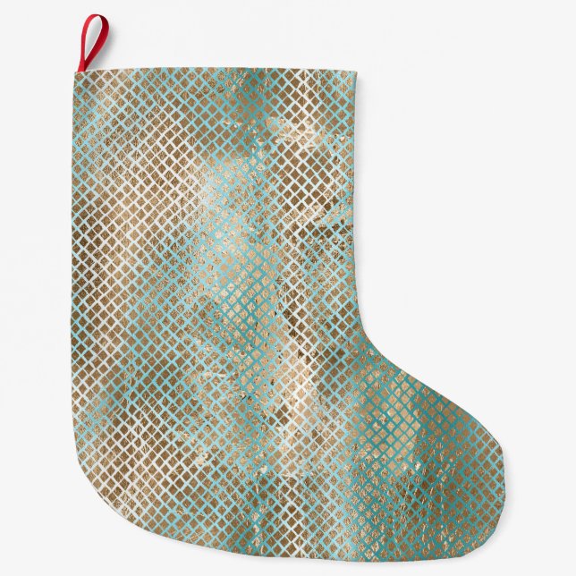 Aqua White Gold Snake Print Large Christmas Stocking (Front)