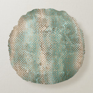 Aqua White Gold Snake Print Round Pillow
