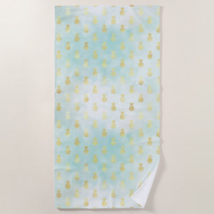 Aqua White Gold Tropical Glam Pineapples Beach Towel