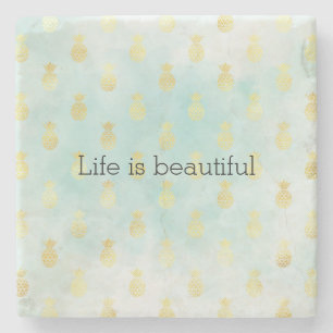 Aqua White Gold Tropical Glam Pineapples Coaster
