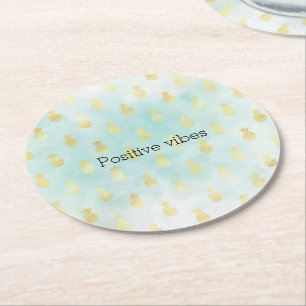 Aqua White Gold Tropical Glam Pineapples Round Paper Coaster