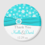 Aqua, White, Grey Snowflakes Wedding Favour Magnet<br><div class="desc">This turquoise and white snowflakes wedding favour thank you magnet with FAUX aqua blue ribbon and snowflake medallion matches the wedding invitation shown below. All the text is customizable, and you can change the size and shape. If you require any other matching items in this design, please email your request...</div>