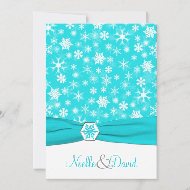 Aqua, White, Grey Snowflakes Wedding Invitation (Front)