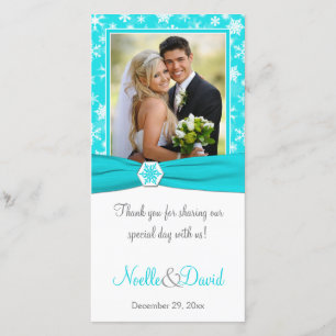 Aqua, White, Grey Snowflakes Wedding Photo Card