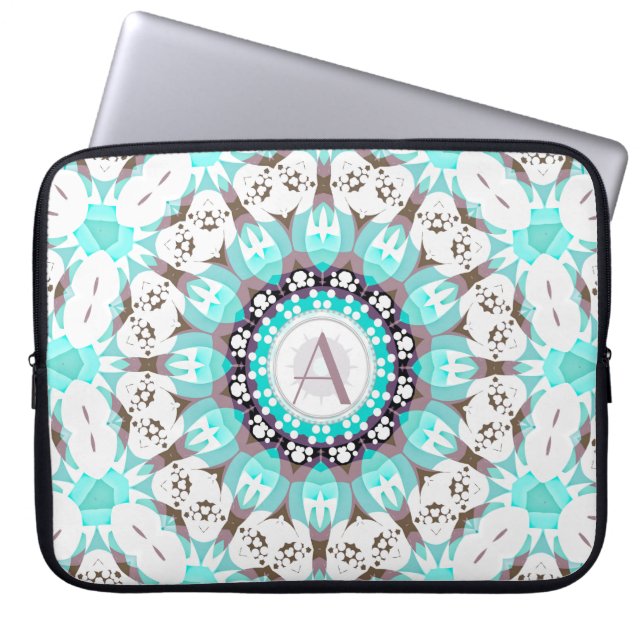 Aqua White Hearts Mandala w/ Custom Text Laptop Sleeve (Front)