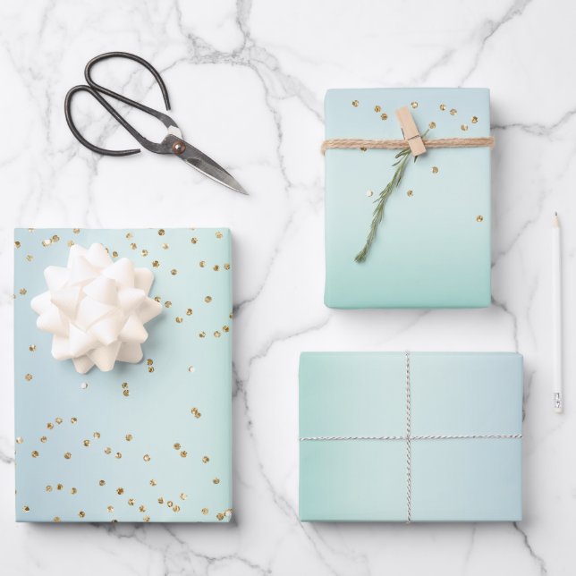 Aqua White Mint Gold Confetti Christmas Wrapping Paper Sheet (Front)