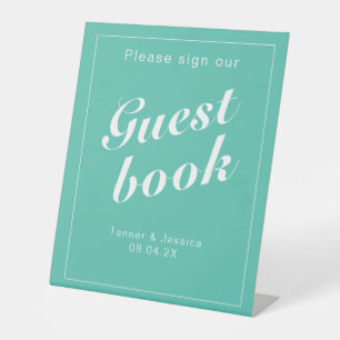 Aqua & White Modern Minimalist Guestbook  Pedestal Sign