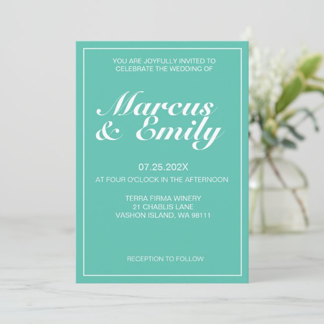 Aqua & White Modern Minimalist Wedding Invitation (Standing Front)