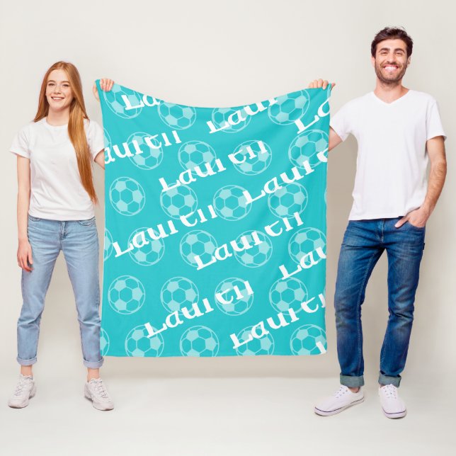 Aqua & White Novelty Soccer Monogram Fleece Blanket (In Situ)
