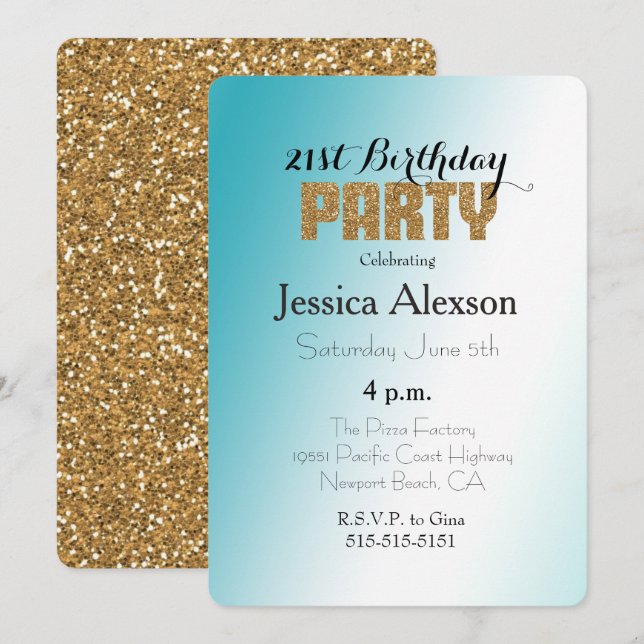 Aqua White Ombre Gold Glitter Invitation (Front/Back)