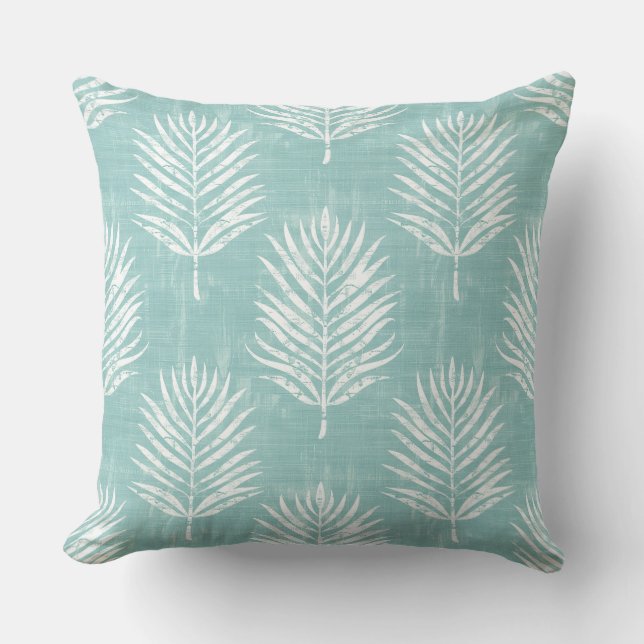 Aqua & White Palm Leaf Throw Pillow (Front)