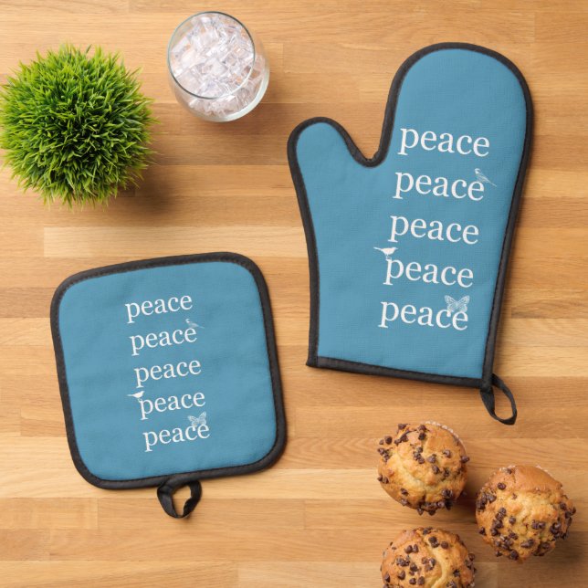 Aqua White Peace Birds Oven Mitt & Pot Holder Set (Top Down)