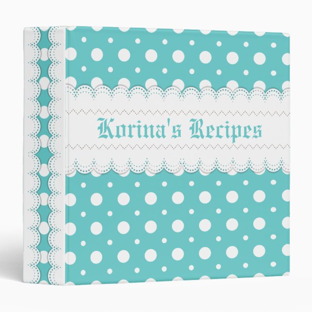 Aqua, white polka dot & scalloped borders recipe binder (Front/Spine)