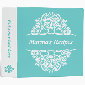 Aqua, white rose motif  & ribbons recipe binder