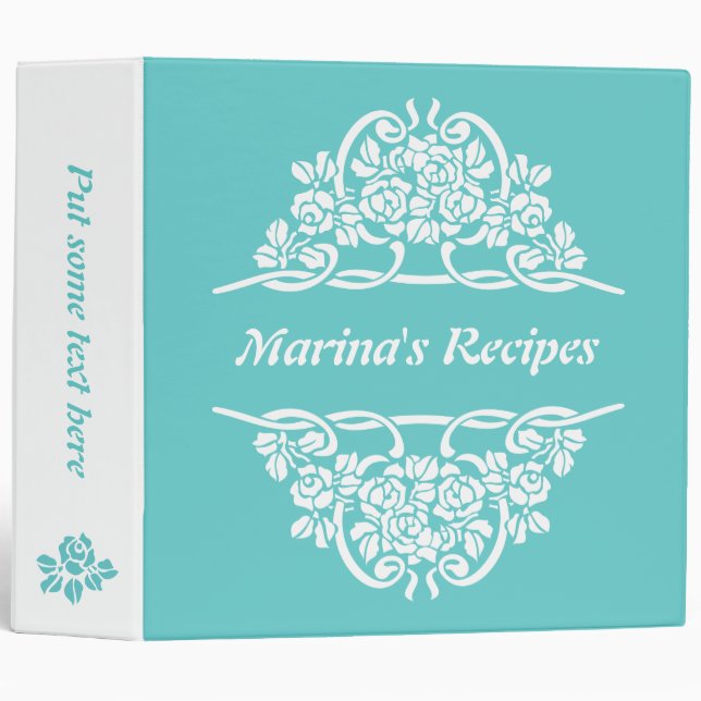 Aqua, white rose motif  & ribbons recipe binder (Front/Spine)