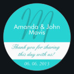 Aqua White Simple Initial Wedding Favour Thank You Classic Round Sticker<br><div class="desc">Aqua White Simple Initial Wedding Favour Thank You Sticker. Personalize your wedding favours with this elegant, simple, stylish wedding sticker with a aqua teal blue background, bride and groom names and monogram initial along with your thank you message and wedding date printed in elegant text fonts. Design by Elke Clarke©....</div>