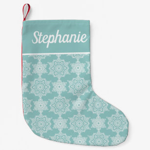 Aqua White Snowflake Holiday Personalized Small Christmas Stocking