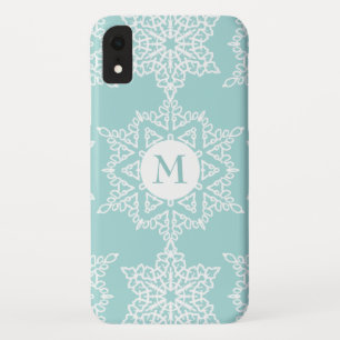 Aqua White Snowflakes Christmas Holiday Monogram iPhone XR Case