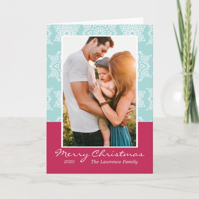 Aqua White Snowflakes Merry Christmas Photo Holiday Card (Front)
