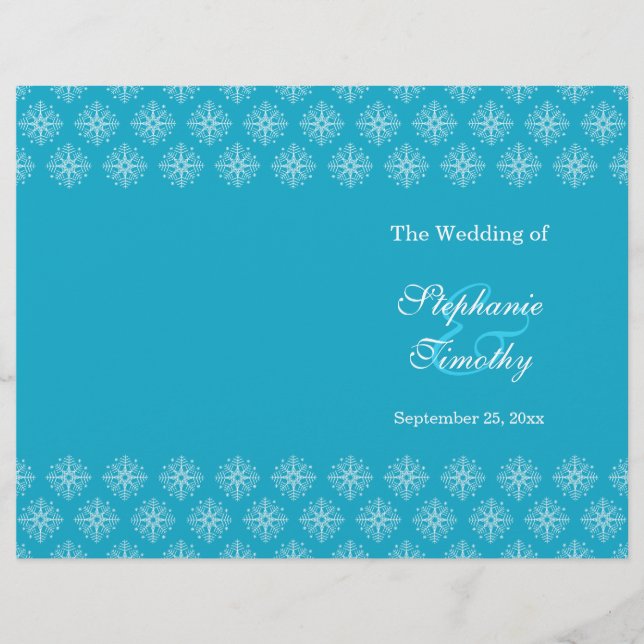 Aqua + white snowflakes winter wedding program (Front)