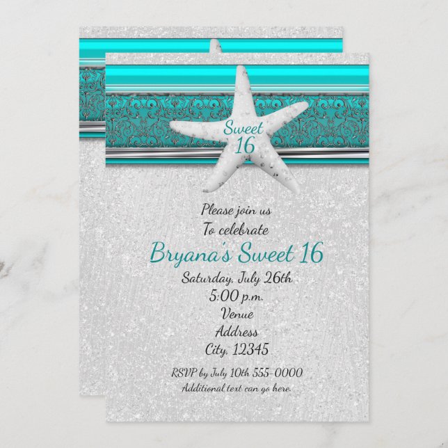 Aqua & White Starfish Beach Sweet 16 Invitations (Front/Back)